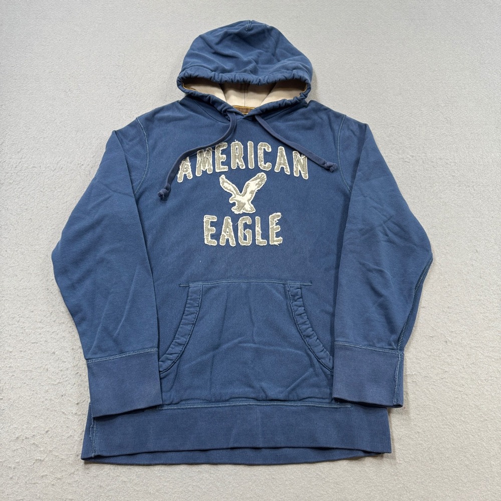 Y2K American Eagle Hoodie Men's Large Blue Fleece Lined Loose Fit Lounge Skater